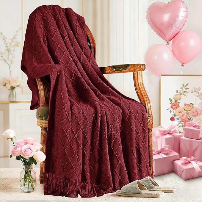 inhand Claret Knitted Throw Blanket for Couch and Bed, 60"x80" | Gifts for Mom from Daughter Son, Soft Lightweight with Tassel, Farmhouse Warm Decorative Blanket for Women, Cozy Knit