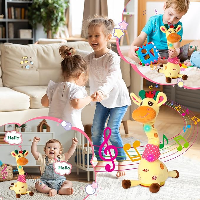 MIAODAM Dancing Talking Giraffe Stuffed, Singing 10 Children's Song, Stuffed Baby Toy Repeats What You Say, Colorful Glowing Giraffe Plush Interactive Toys for Baby 1-3 Year
