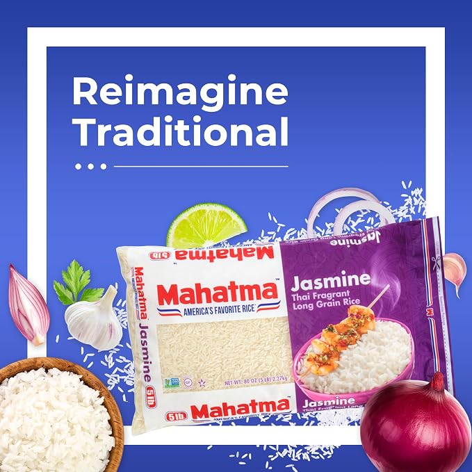 Mahatma Jasmine Rice, Fragrant Thai Rice, 5-Pound Bag | Aromatic rice for stovetop or microwave, quick and easy to cook, gluten-free, vegan, kosher, non-GMO, bulk bag