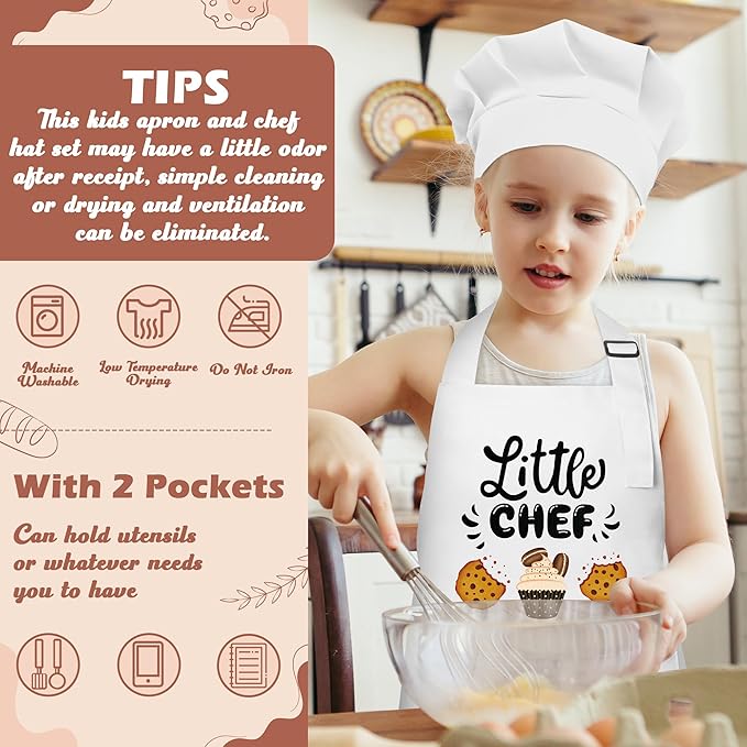 R HORSE Kid Apron and Chef Hat Set - 2Pcs White Little Chef Adjustable Children Kitchen Toddler Apron for Boys Girls, Funny Dress up Pretend Play Toy Birthday Gift for Kids Cooking Baking Painting