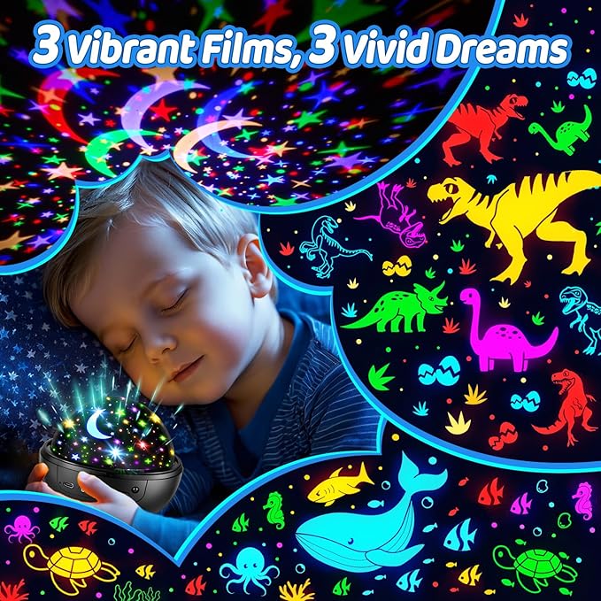 COOLNIGHT Night Light for Kids, 93 Lighting+3 Films Kids Night Light Projector, Remote+Dimmable Star Projector, 360°Slient Glow in The Dark Stars for Ceiling,Gifts for 4 Year Old Boys Christmas Gifts