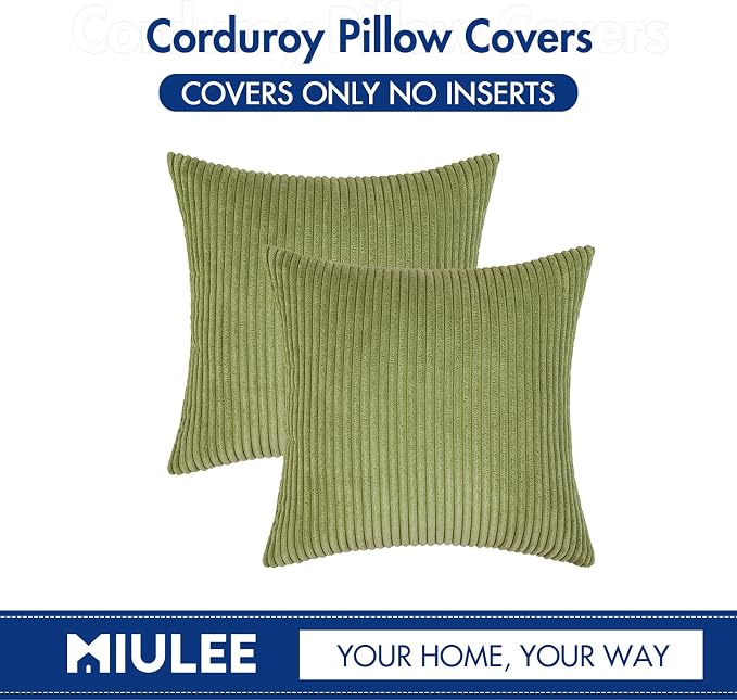 MIULEE Decorative Corduroy Throw Pillow Covers Set of 2 18x18 Grass Green | Soft Striped Textured Cushion Cases, Boho Natural Greenery Pillowcases for Home Decor, for Couch Chair Sofa Bed Living Room