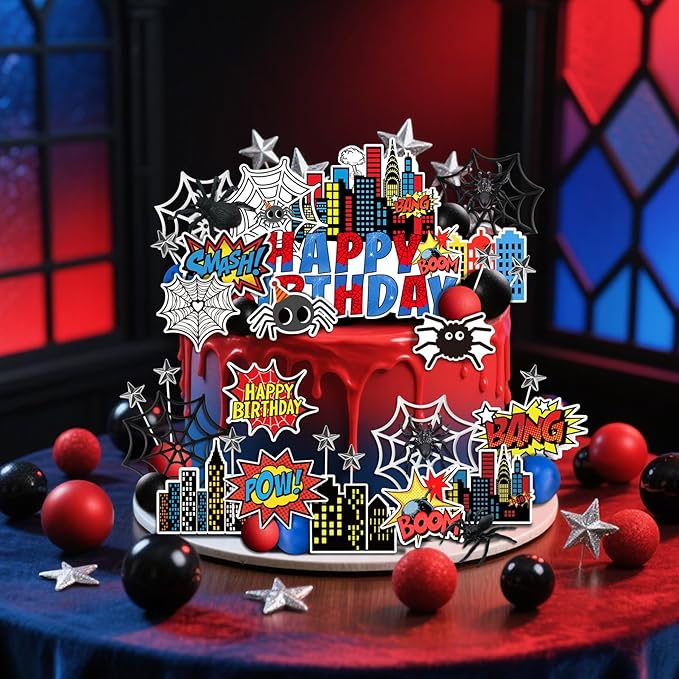 41 PCS Superhero Cake Topper - Happy Birthday Decorations for Hero Themed Party Supplies - City Cake Decor (red)