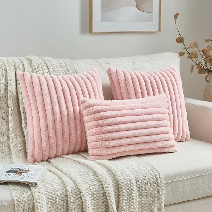 FUTEI Pack of 2 Faux Fur Throw Pillow Covers 12x20 Inch, Pink | Fluffy Faux Rabbit Fur Front/Premium Velvet Back,Hidden Zipper,Machine Washable,Non-Shedding,Colorfast,Insert Not Included.