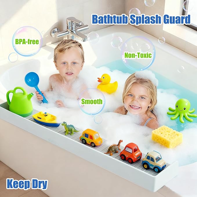 Bathtub Splash Guard for Kids Adult - 31IN Silicone Bath Tub Tray with 11 Suction Cups, Bathtub Accessories Bath Toy Holder Play Shelf , Bathtub Sink Side Splash Guard Tray, Gray