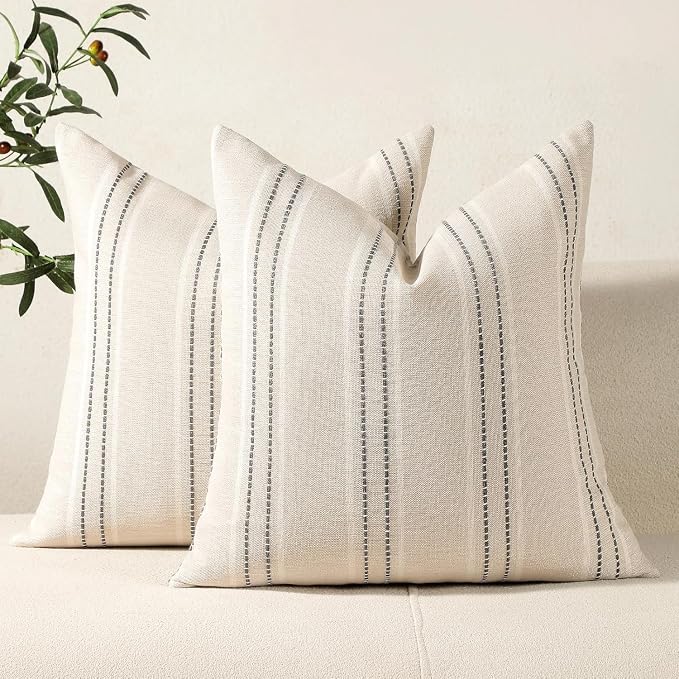 Hckot Stripe Throw Pillow Covers 26x26 Large Square Grey Pillow Covers | Farmhouse Decorative Pillows Textured Linen Euro Sham Cushion Covers for Sofa Couch Bed Living Room Decor