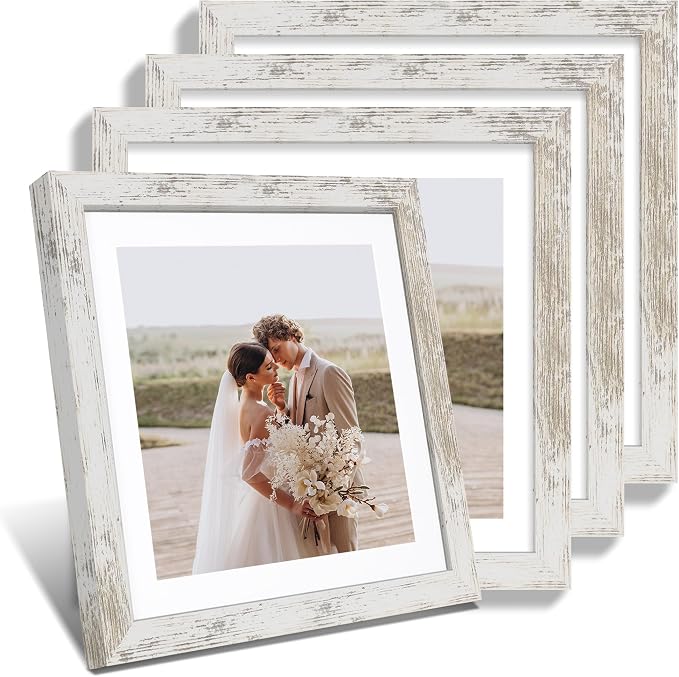 Hongkee 12x12 Picture Frame Set of 4 - Made of Glass and Distressed White Wooden Frame, Display Square Pictures 10x10 with Mat or 12 x 12 without Mat, Desktop & Wall Collage Photo Frame