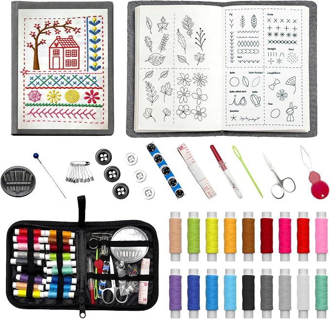 IKKAB Embroidery Stitch Book Kit for Beginners, 106-Pattern Embroiderys Practice Books with 86-Piece Stitching Kit, Portable Embroidery Sampler Book & Sewing Tool Set
