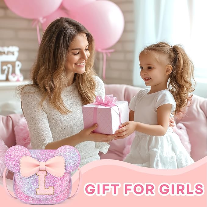 mibasies Toddler Purse Girl Gifts: Girls Birthday Gifts for 3-8 - Toys for Ages 2-4 Girls Mouse Ears Purse, Purple Rainbow, Letter L