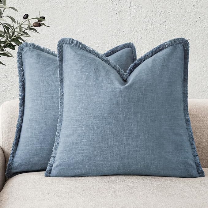 Foindtower Set of 2 Decorative Linen Fringe Throw Pillow Covers Cozy Boho Farmhouse Cushion Cover with Tassels Soft Accent Pillowcase for Couch Sofa Bed Living Room Home Decor, 26×26 Inch, Misty Blue