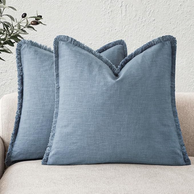 Foindtower Set of 2 Decorative Linen Fringe Throw Pillow Covers Cozy Boho Farmhouse Cushion Cover with Tassels Soft Accent Pillowcase for Couch Sofa Bed Living Room Home Decor, 20×20 Inch, Misty Blue