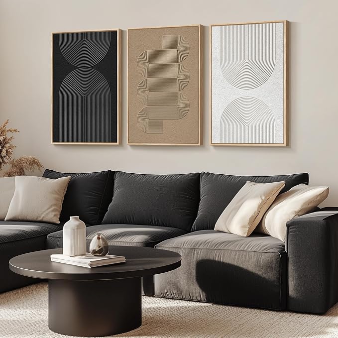 Large Framed Boho Modern Neutral Abstract Wall Art for Living Room, 3 Piece Black and White Canvas Prints Paintings Artwork for Walls, Geometric Pictures for Office Bedroom Dining Room Decor, 24x36 In