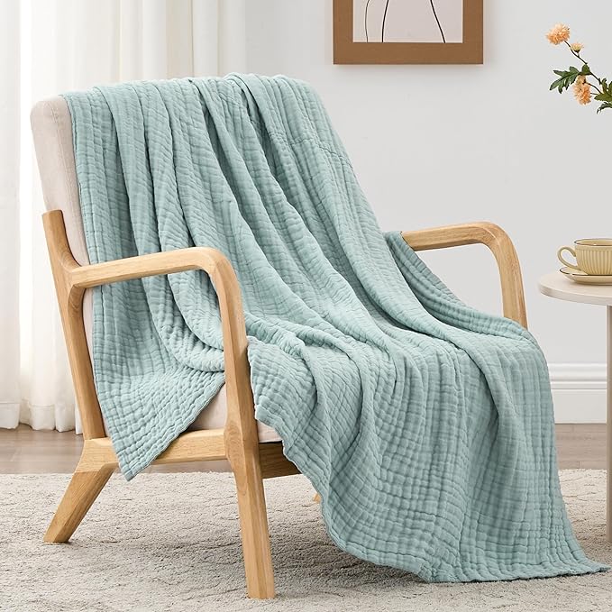 Love's cabin 100% Cotton Muslin Blanket, 6 Layer Lightweight Breathable Gauze Throw Blanket 50 x 60 Inches, Soft All Season Blanket for Couch, Bed, Sofa, Cyan