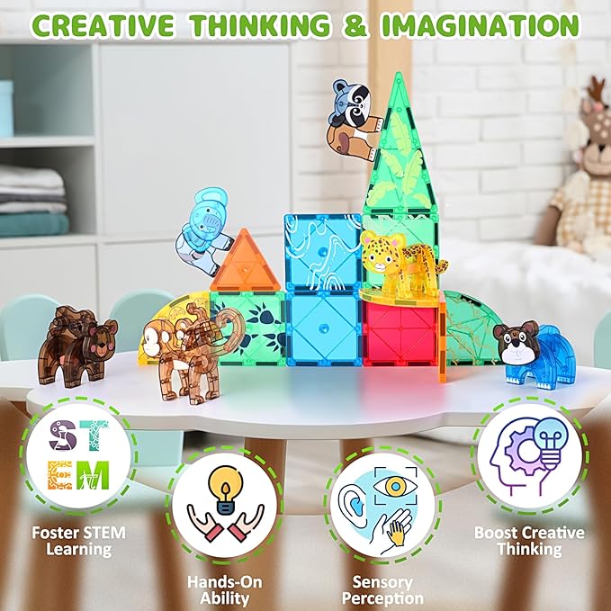 Magnetic Tiles Animals Jungle Gifts Building Sets,Toddler Toys for Kids Ages 4-8,Forest Montessori Magnet Tiles Set, Safari Zoo Animal Toys,STEM Construction Blocks for Toddlers 3-5