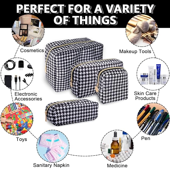 UIXIZQ Large Makeup Pouch, Nylon Women Travel Toiletry Storage Houndstooth Cosmetic Bag for Girls, Big Preppy Makeup Organizer Cute Zipper Pouch Skincare Bag for Sport School (Large-Houndstooth)