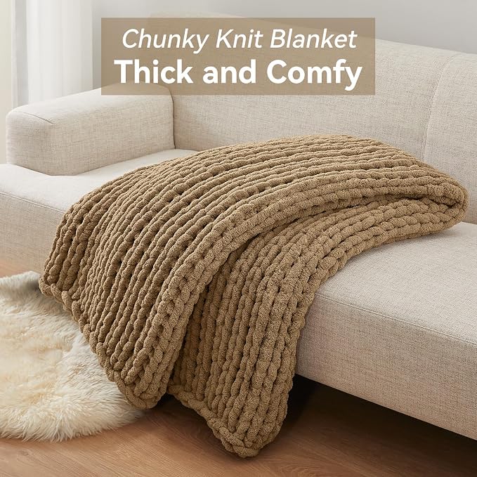 Negwoo Chunky Knit Throw Blanket, Knitted Throw Chenille Yarn, 60"*80" | Soft Thick Cable Knitted Blankets, Handmade Big Thick Blanket, Machine Washable Cute Comfy Blanket for Home Decor,Light brown