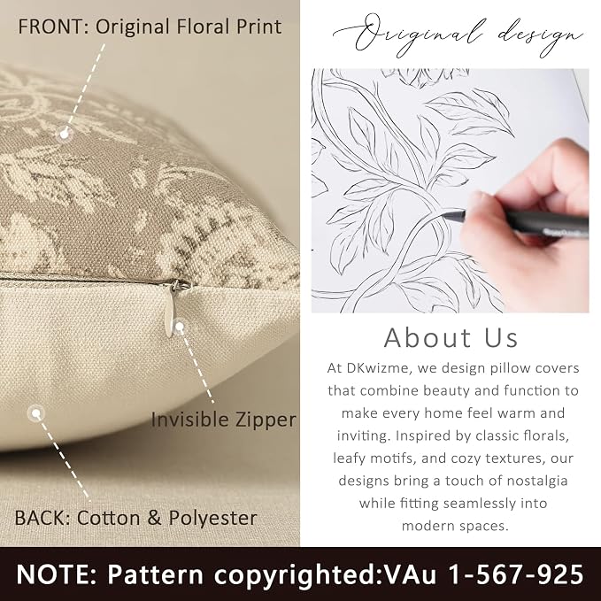 Vintage Floral Print Throw Pillow Covers 20x20 Set of 2 Neutral Modern Farmhouse Pillowcases Accent Decorative Cushion Covers Boho Home Decor for Couch Sofa Chair Bed Living Room, Latte