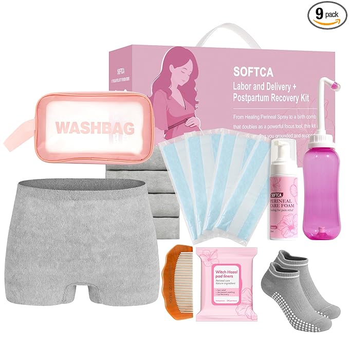 Postpartum Recovery Essentials Kit, Postpartum Kit for New Mom | Birth Comb, Peri Bottle, Disposable Underwears, Perineal Healing Foam, Instant Ice Pads, Cooling Pad Liners, Socks, Wash Bag
