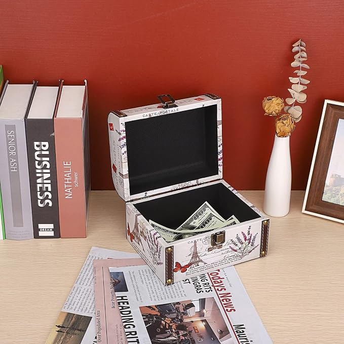 ELLDOO Decorative Treasure Chest Box, Wooden + PU Leather Storage Box for Jewelry Trinkets, Keepsakes box for Girls Women Gifts (Tower + Lavender Pattern)