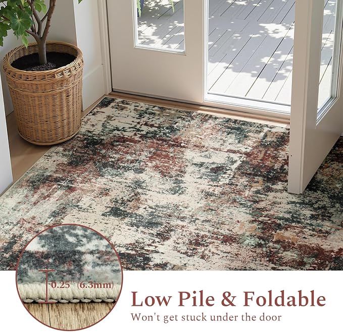 Rugflix 8x10 Area Rugs for Living Room, Washable Rust Brown Green Large Rug | Machine Washable; Stain-Resistant; Low Pile; Non-Slip; Modern Abstract; Carpet for Bedroom Dining Office Nursery Home