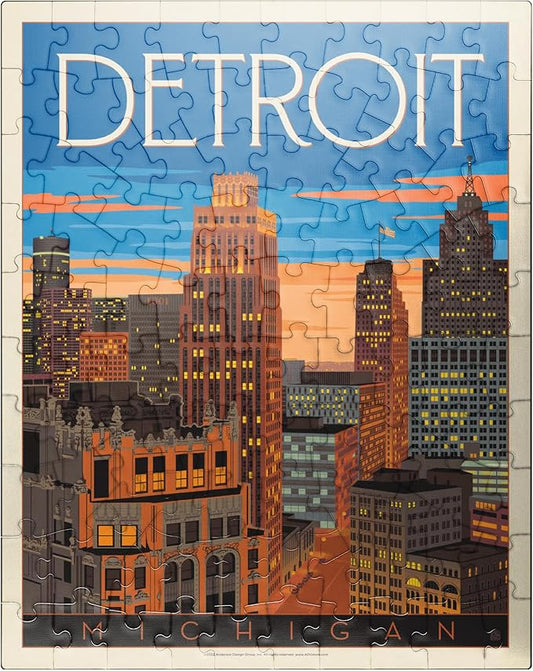 MyPuzzle Detroit, MI: Skyline, Vintage Poster - Premium 100 Piece Jigsaw Puzzle for Adults
