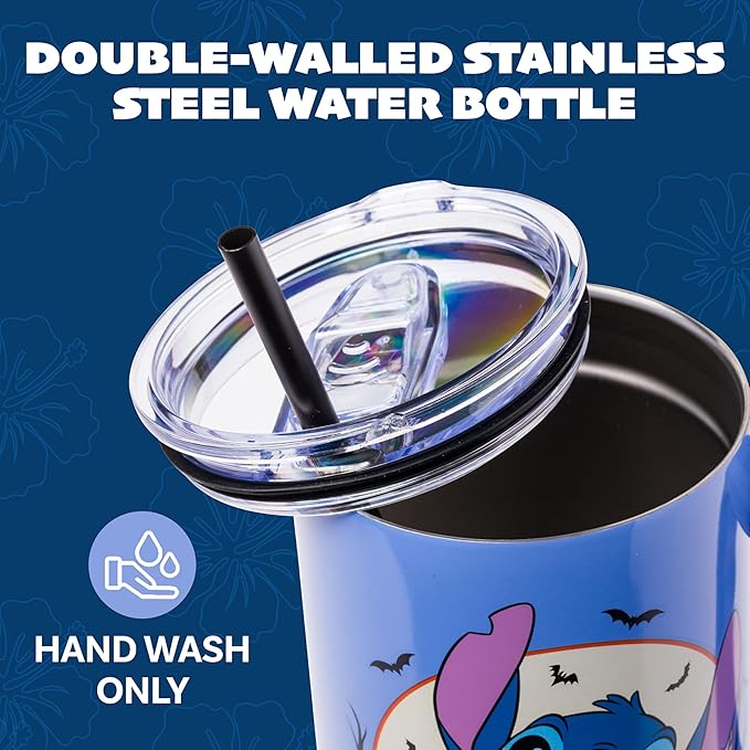 Silver Buffalo Disney Lilo and Stitch Halloween Spooky Pumpkin Jack-O-Lantern Double Walled Stainless Steel Tumbler with Handle and Straw, Fits in Standard Cup Holder, 40 Ounces