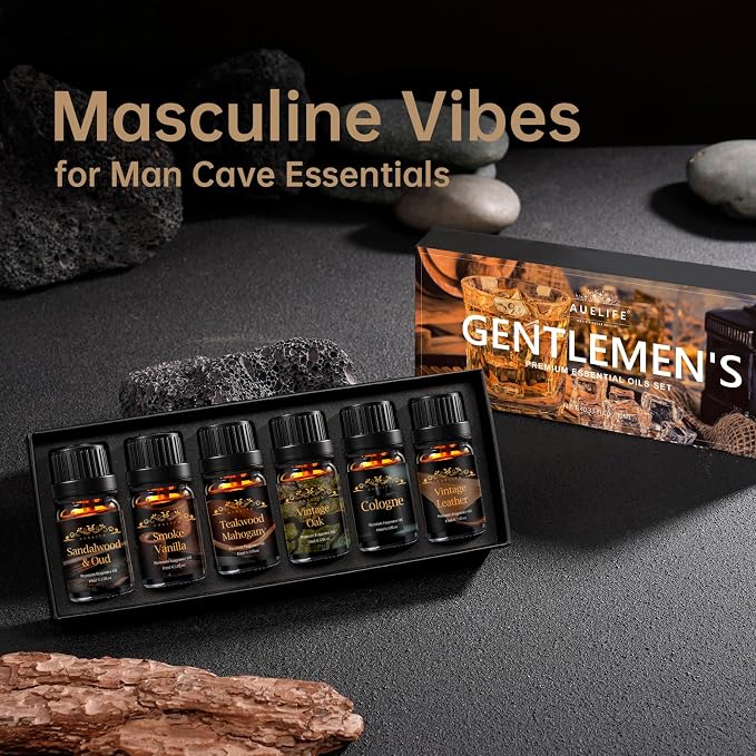 Men Essential Oils Set for Diffuser for Home, 6x10ml Masculine Fragrance Oils for Candle Making, Scented Oil Gift Set for Men, Mahogany, Sandalwood, Cologne, Smoke Vanilla, Leather
