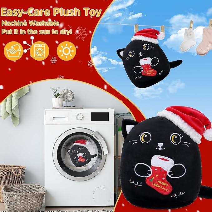 Christmas Cat Stuffed Animal: 8-Inch Cute Black Cat Plush Toy with Santa Hat and Christmas Stocking Soft Plushies Pillow, Holiday Birthday Decoration Gifts for Kids Girls & Boys (8-Inch)
