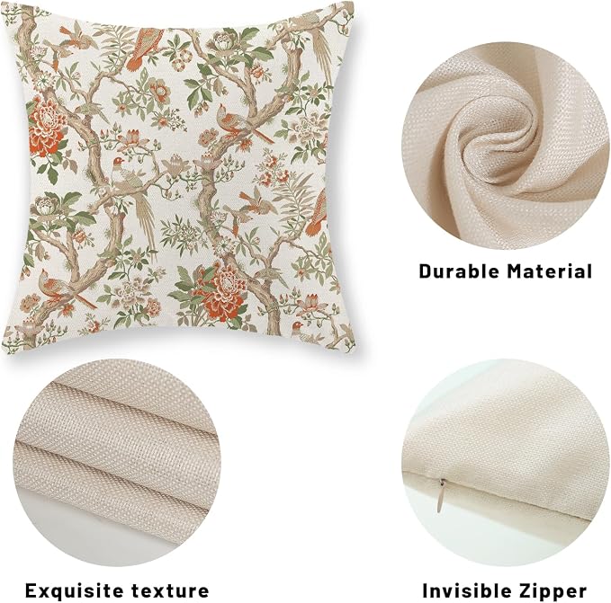 Chinoiserie Pillow Covers 18x18 Set of 2 Orange Green Bird Floral Throw Pillows Vintage Flowers Decorations Outdoor Pillowcase Chinoiserie Decor Farmhouse Linen Cushion Case for Couch Home
