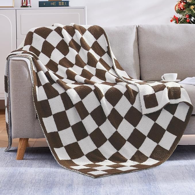 Soft Twin Size Checkered Blanket for Bed-Cozy Knitted Blankets | Lightweight Fluffy Warm Decor for Women, Mom, Her & Girls, Sofa, Chair, Couch, 60x80in,Coffee