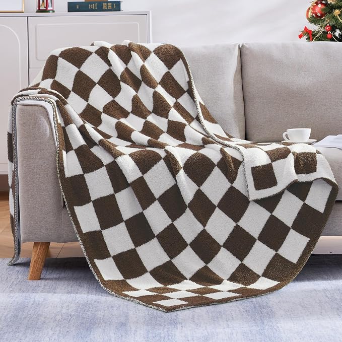 Soft Checkered Throw Blanket for Couch-Cozy Warm Knitted Blankets | Lightweight Warm Fluffy Decor for Women, Mom, Her & Girls, Sofa, Chair, Bed, 50x70in, Coffee