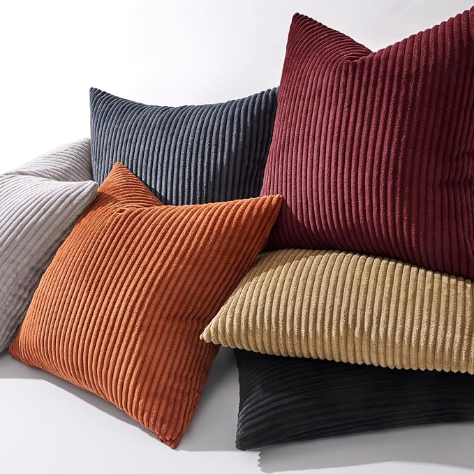 MIULEE Decorative Corduroy Throw Pillow Covers Set of 2 18x18 Burgundy | Soft Striped Textured Cushion Cases, Boho Energetic Vibe Pillowcases for Home Decor, for Couch Chair Sofa Bed Living Room