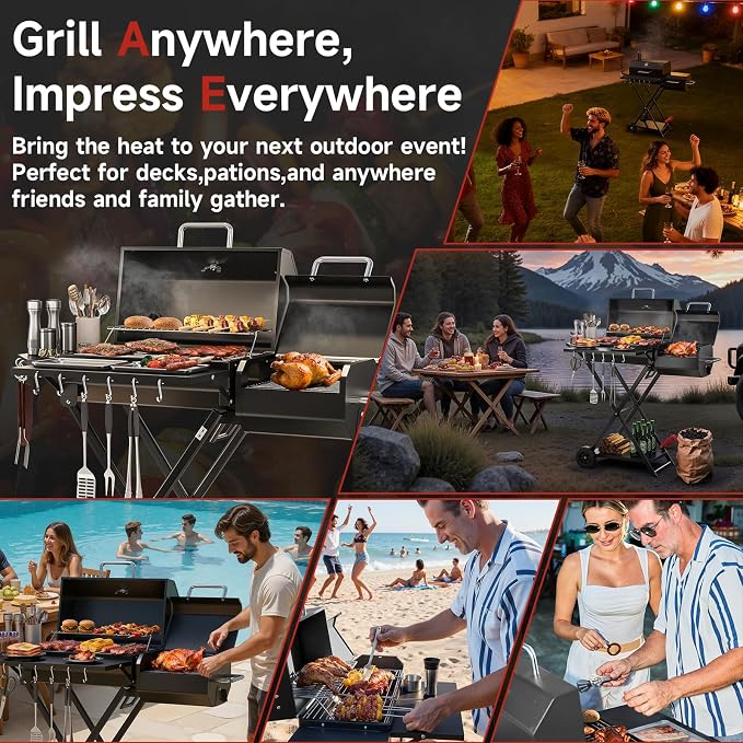 Portable Charcoal Grill with Smoking Function, Foldable Suitcase Design with Wheels, Multi-Tier Storage Rack & Waterproof Cover for Outdoor BBQ Parties (Black)