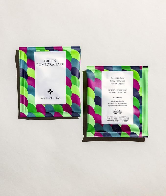 Art of Tea Organic Green Pomegranate Tea Bags, 50 Premium Pyramid Sachets, Organic Green Tea with Pomegranate & Raspberry, Fruity Antioxidant Green Tea Blend