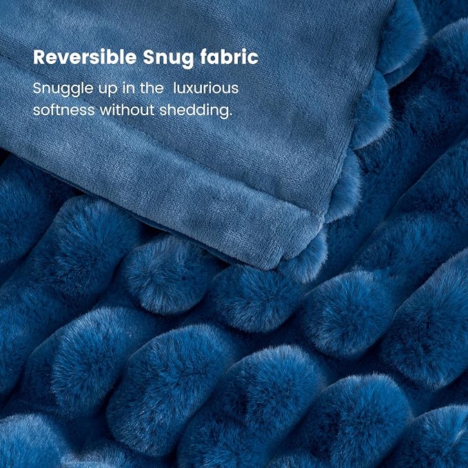 Cozy Bliss Faux Fur Throw Blanket for Couch, Cozy Warm Plush Striped Blanket for Sofa Bedroom Living Room, 108 * 90 Inches Navy Blue