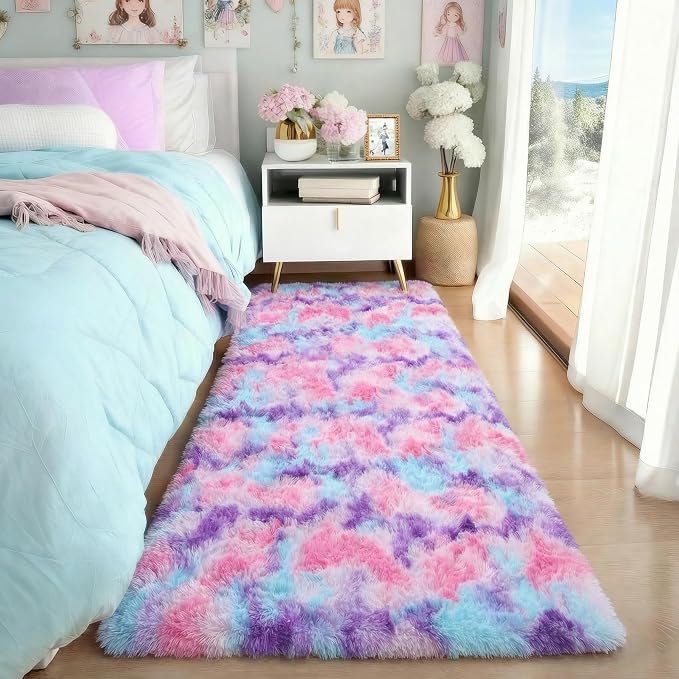 PAGISOFE Ultra Soft Runner Rugs for Hallway 2x6 Ft, Fluffy Cute Colorful Pastel Princess Carpet for Girls Bedroom Teens Nursery, Rainbow Purple Rugs for Room Decor Aesthetic, Hot Pink Purple Decor