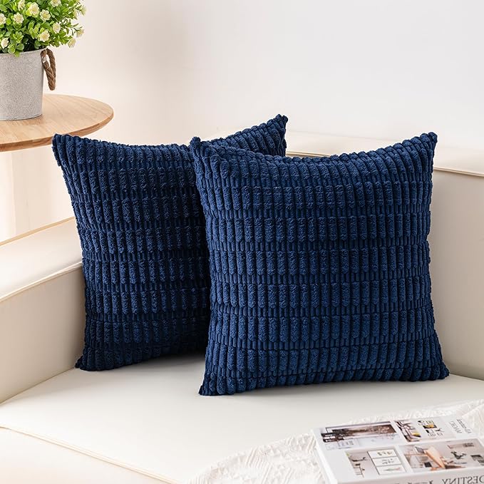 Aegero Pack of 2 Corduroy Decorative Throw Pillow Covers 16x16 Inch, Blue | Fall Soft Striped Pillow Covers Modern Farmhouse Home Decor Christmas Throw Pillow Covers for Sofa Living Room Couch Bed