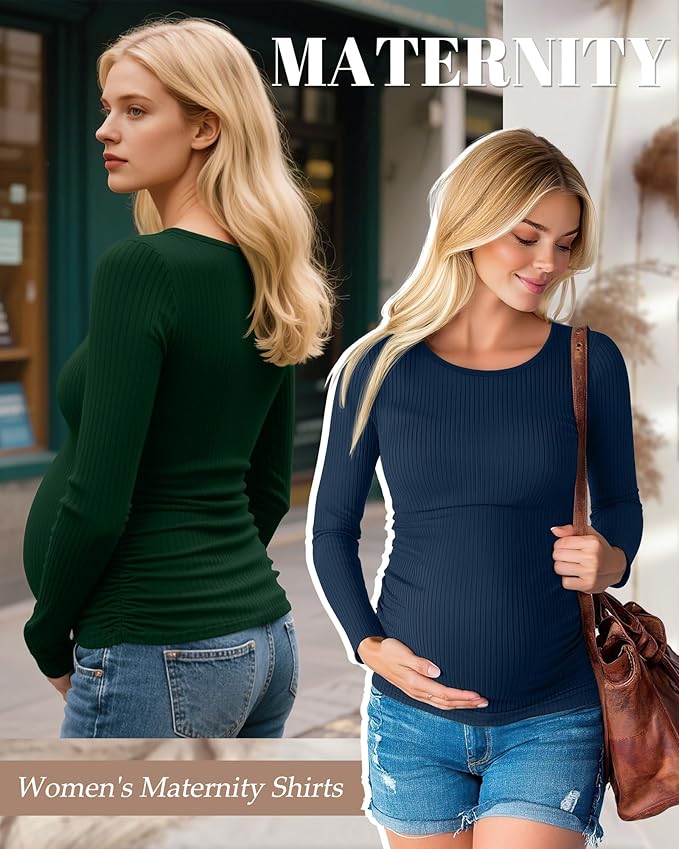 Huukeay 4 Pack Women's Maternity Shirts, Long Sleeve Cotton Ribbed Pregnancy Tops Side Ruched Crew Neck Casual Mama Clothes