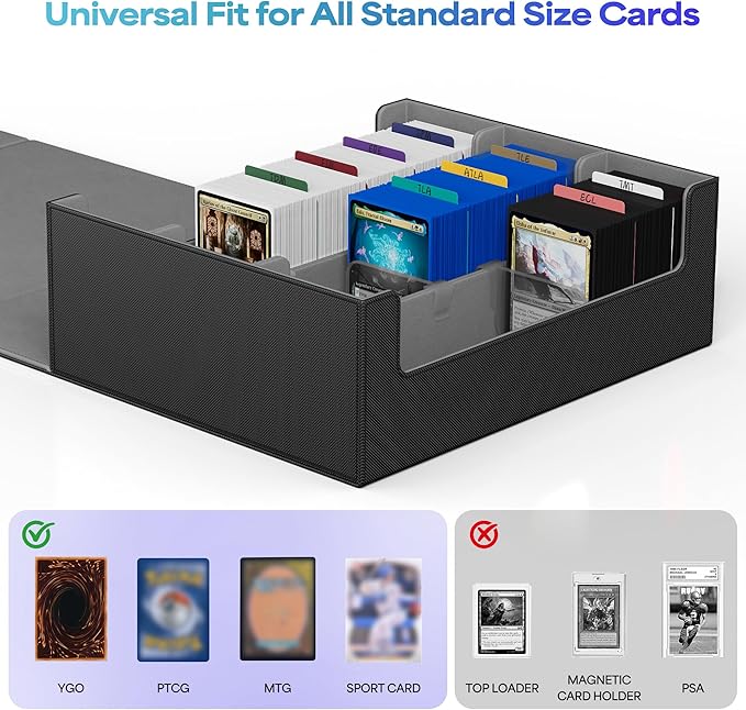 UAONO Trading Card Storage Box, Holds 1800 Sleeved Cards with 10 Dividers & 3 Stoppers, Magnetic Closure PU Leather Card Case for MTG, PTCG, YGO, Sports Cards (Black)