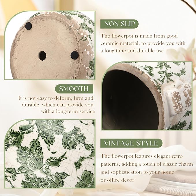 Ceramic Green Scroll Planter 6.5 Inch Chinoiserie Floral Vase with Drainage Holes Vintage Flower Vase Flower Pot Rustic Ceramic Pots for Indoor Plants Flowers Garden Home Bookshelf Decor