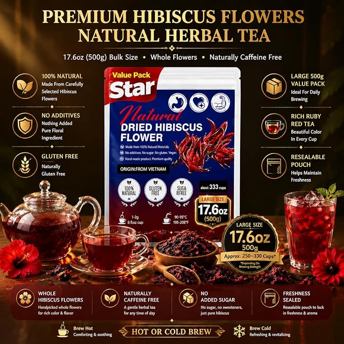 WOTIHA (17.6oz) 100% Natural Hibiscus Flowers tea,Pure from dried Hibiscus Flowers Loose Flower Hibiscus Herbal Tea. Hibiscus Flower Tea. No Sugar, No Caffeine, No Gluten, Vegan.