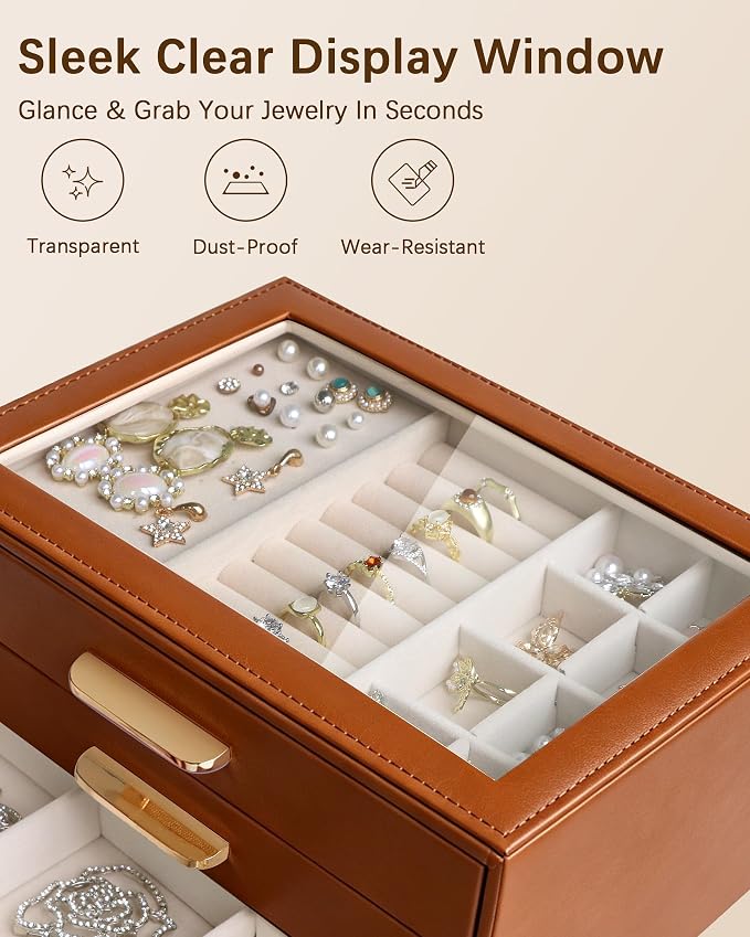Homeanda Jewelry Boxes Organizer with Glass Lid, 3-Layer PU Leather, Brown | Modern style display case with 3 drawers for daily jewelry, women, mom or girl gift