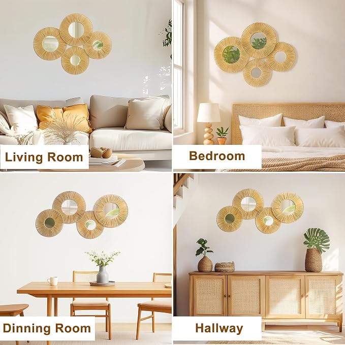 Artilady Hanging Baskets Wall Art with Mirror, 4Pcs Boho Wicker Wall Decor | Woven Wicker Basket, Farmhouse Rustic Jute, Bedroom Living Room Nursery Home Decor