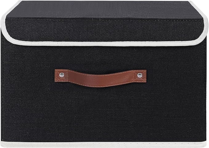 ANMINY Fabric Storage Box Bins with Lids, Black, 13"x9"x7.9", 4 Pack | Keepsake Memory Storage, Cotton Linen, PP Board Reinforced, Washable, PU Handles, Foldable & Stackable, Decorative, Medium
