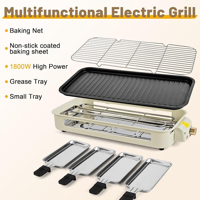 Pukomc Electric Indoor Grill,2 in 1 Indoor Grills for Kitchen | Grill Net & Non-Stick Cooking Removable Plate, Temperature Control, Dishwasher Safe, 1800W Large Smokeless