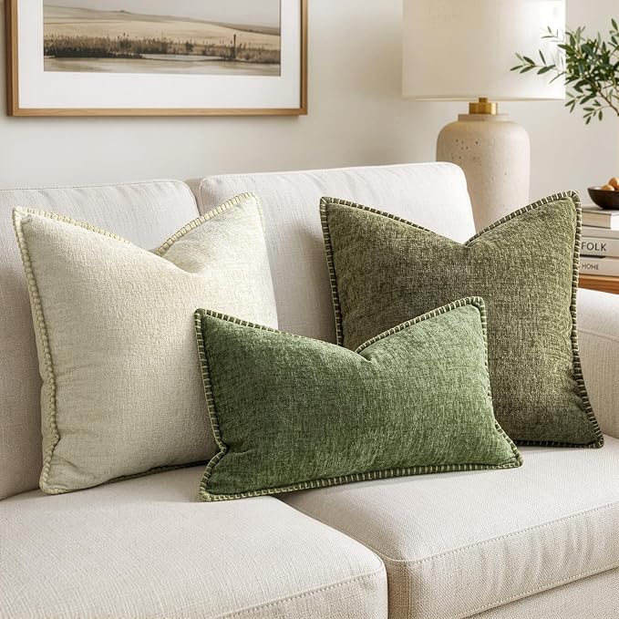 MIULEE Decorative Lumbar Throw Pillow Covers 12x20 Inch Sage Green 2 Pack | Farmhouse Pillow Covers with Stitched Edge, Soft Chenille Cushion Cases, for Couch Sofa Bed Living Room Home Decor