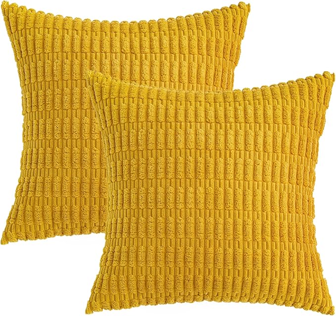 MIULEE Euro Corduroy Decorative Throw Pillow Covers 22x22 Mustard Yellow | Pack of 2 Soft Sham Boho Striped Pillow Covers Modern Farmhouse Home Decor For Sofa Living Room Couch Bed