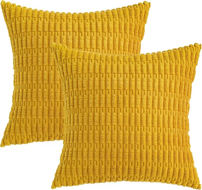 MIULEE Decorative Throw Pillow Covers 16x16 Mustard Yellow Pack of 2 | Soft Corduroy Boho Striped Pillow Covers Modern Farmhouse Home Decor For Sofa Living Room Couch Bed