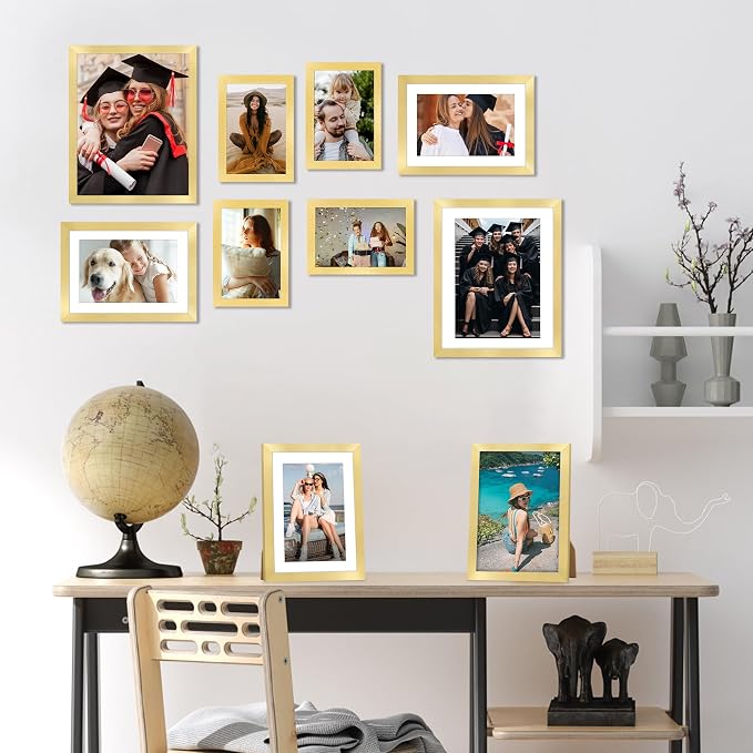 10 Pack Picture Frames Collage Wall Decor for Mounting or Tabletop Display, Gallery Wall Frame Set with Two 8x10 Gold Frames, Four 5x7 and Four 4x6 Frames, Multi-Pack Photo Frame Set