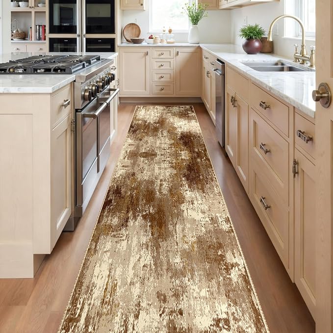 RELEANY Washable Runner 2'x8' Abstract Area Rug for Hallway Brown Tan | carpet for kitchen, entryway, bathroom, living room, bedroom, printed pattern, non-slip, soft, stain-resistant, easy to clean